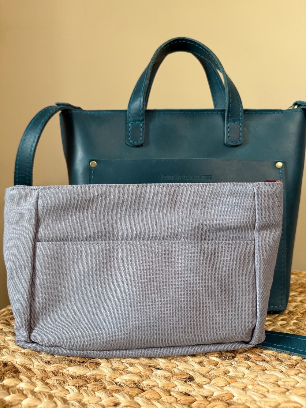Portland Leather Goods Crossbody Tote in Westward Blue w/ Gray Canvas Organizer - Picture 10 of 15